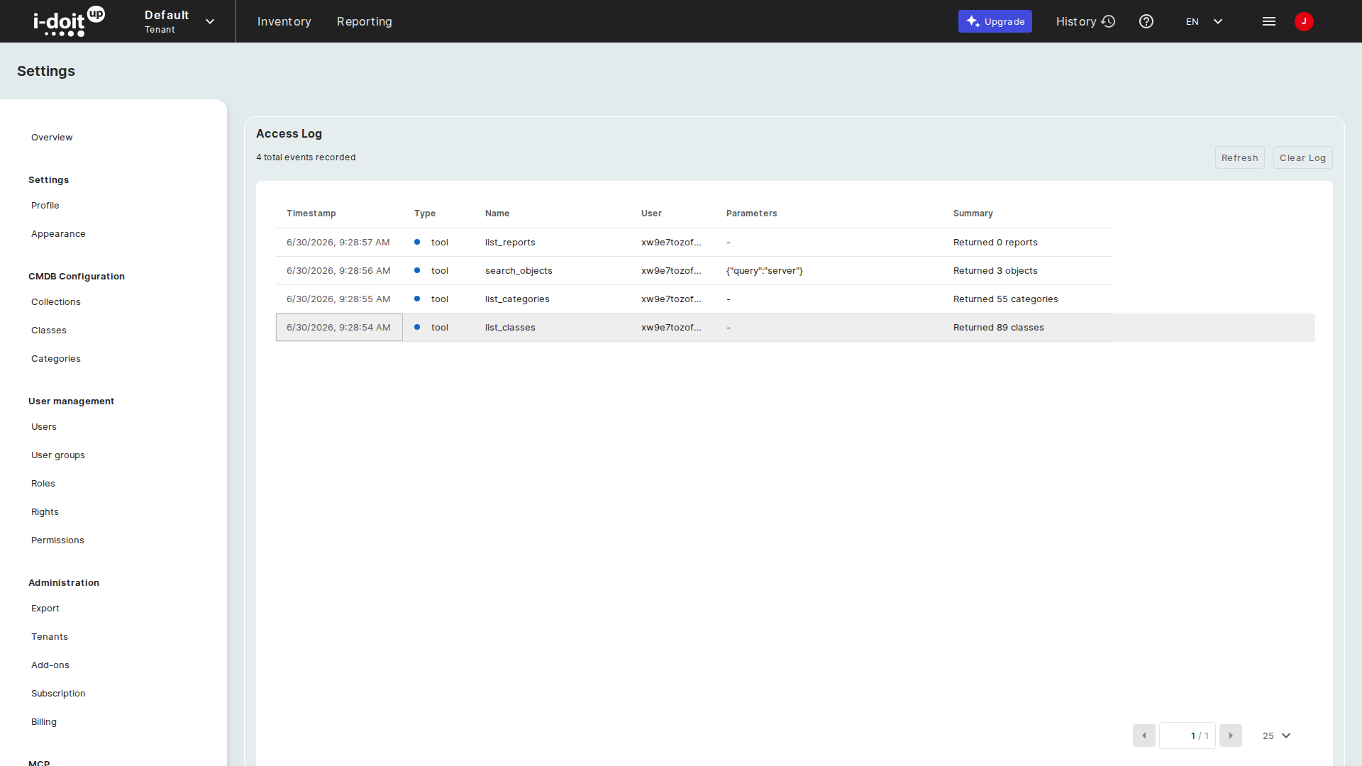 Das MCP-Zugriffsprotokoll in i-doit up. Eine Überschrift "Access Log" mit der Zeile "4 total events recorded" und den Buttons Refresh und Clear Log, darüber eine Tabelle mit den Spalten Timestamp, Type, Name, User, Parameters und Summary. Vier Zeilen zeigen Tool-Aufrufe: list_reports, search_objects, list_categories und list_classes, jeweils mit dem aufrufenden Benutzer und einer kurzen Ergebniszusammenfassung wie "Returned 89 classes".