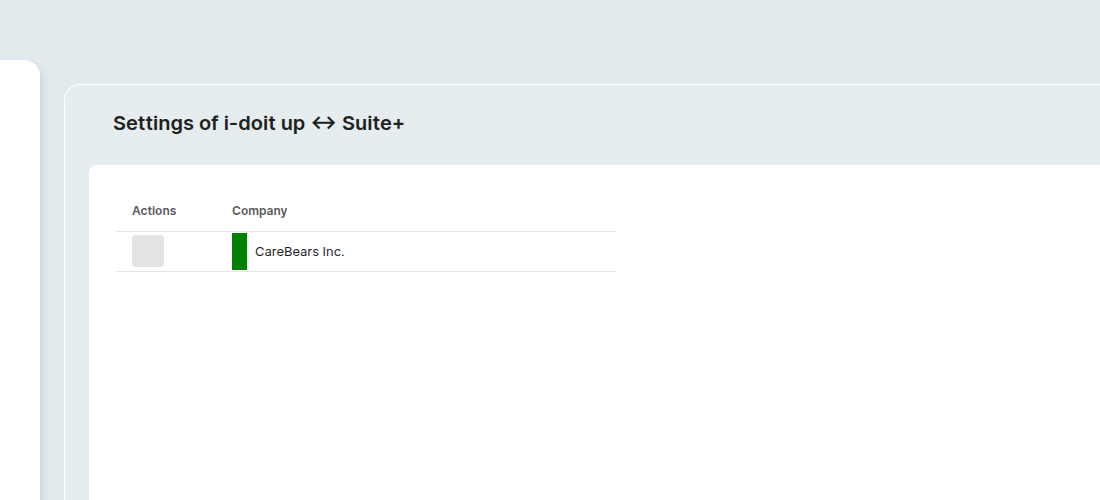 Suite+-Einstellungsseite mit der Überschrift "Einstellungen von i-doit up <-> Suite+" und einer einzeiligen Tabelle: in der Spalte "Aktionen" steht ein kleiner Sync-Button, in der Spalte "Unternehmen" der Mandantenname "CareBears Inc." neben einem grünen vertikalen Statusbalken.