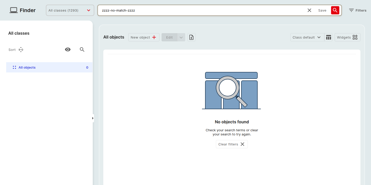Finder im leeren Zustand: eine Lupen-Illustration über der Überschrift "No objects found", darunter der Hinweis "Check your search terms or clear your search to try again" und ein Button "Clear filters".