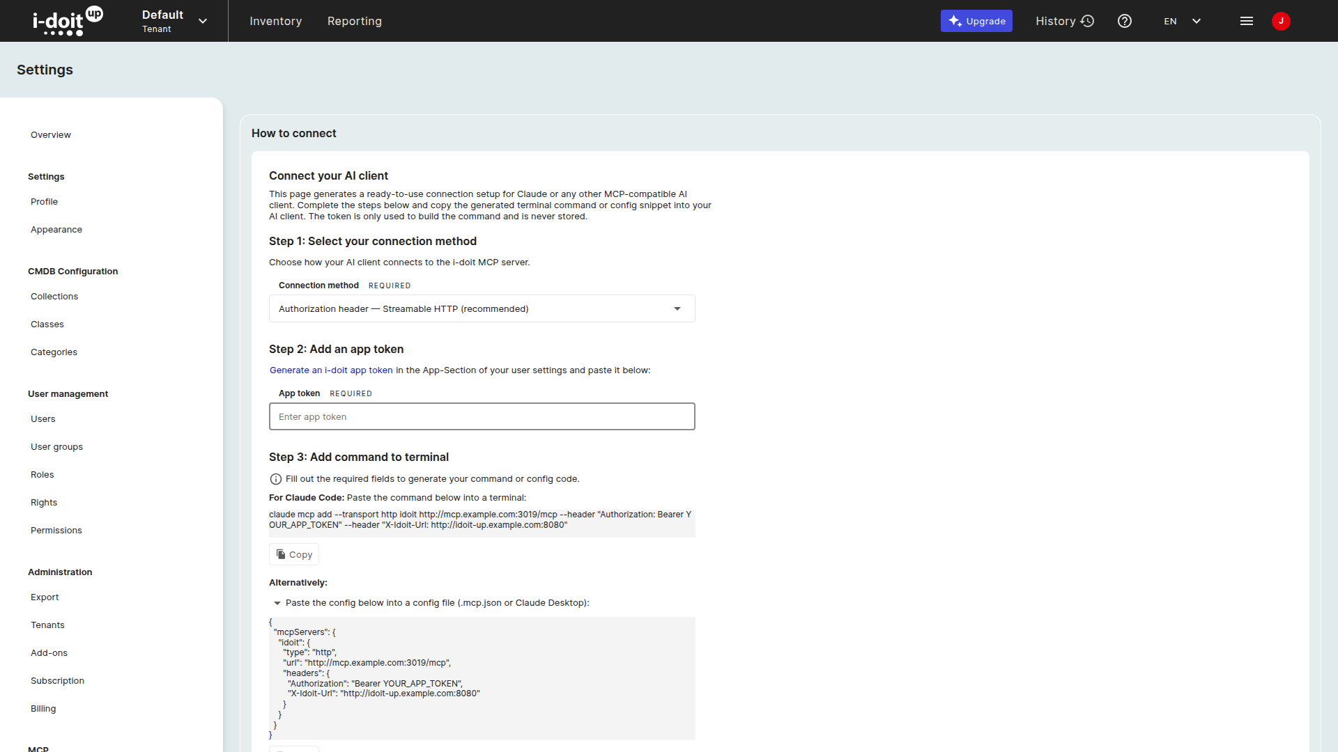 The How to connect tab in i-doit up. Step 1 selects the connection method "Authorization header, Streamable HTTP (recommended)", step 2 has a field for the app token, and step 3 shows the generated "claude mcp add" terminal command and an equivalent .mcp.json config block, both pre-filled with the MCP server URL and the i-doit up tenant URL.