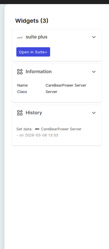 Right-side Widgets pane on an object that has a Suite+ counterpart: the "Widgets (3)" header is followed by the suite plus widget with its Open in Suite+ button, the Information widget with Name and Class, and the History widget with the most recent change.