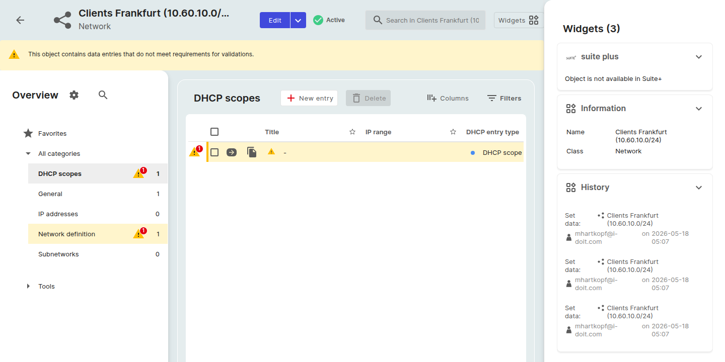 DHCP scopes category on a Network object: the category sidebar with All categories (DHCP scopes selected) on the left, a DHCP scopes table in the centre with columns Title, IP range, and DHCP entry type, plus New entry, Delete, Columns, and Filters controls above it, and the right Widgets pane with the suite plus jump widget, Information, and History.