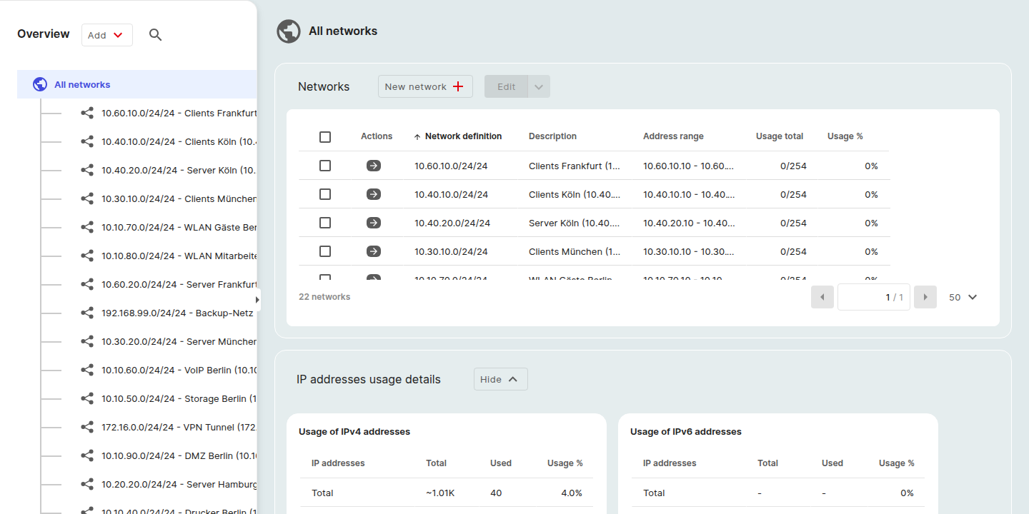 All networks page: a sidebar with the hierarchical All networks tree on the left and a table of every Network object on the right.